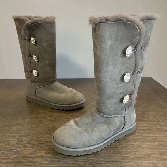 UGG Bailey Swarovski Triple Button Triplet Bling Gray Tall Size 10